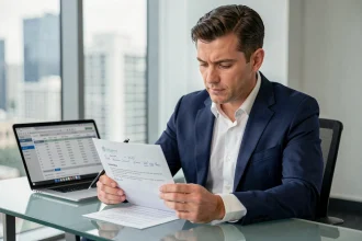 Commercial en costume marine analysant son CV avec des annotations chiffrées dans un bureau moderne