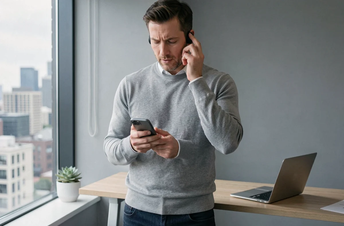 Commercial en télétravail gérant un pipeline de vente sur smartphone avec vue sur la ville