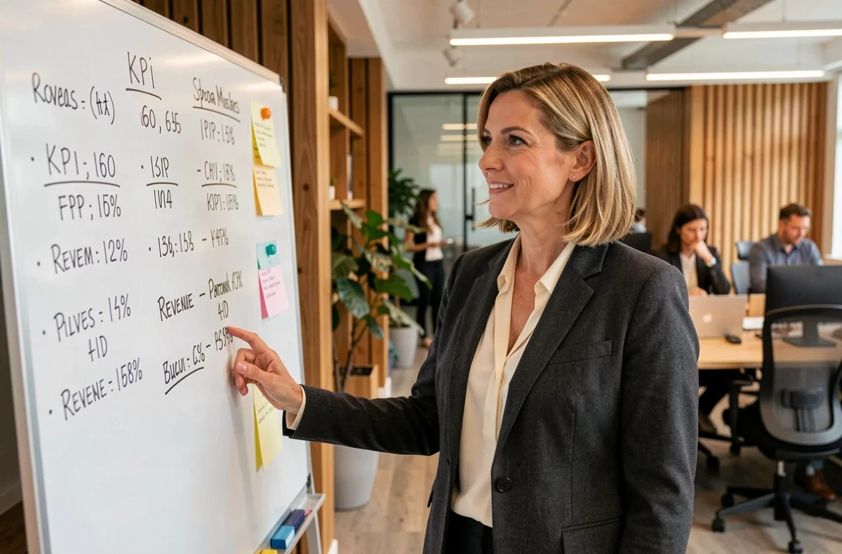 Commerciale présentant des indicateurs de performance chiffrés sur un tableau blanc en open space