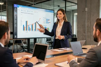 Commerciale présentant des données de vente sur un écran tactile lors d'une réunion d'équipe dans un bureau moderne