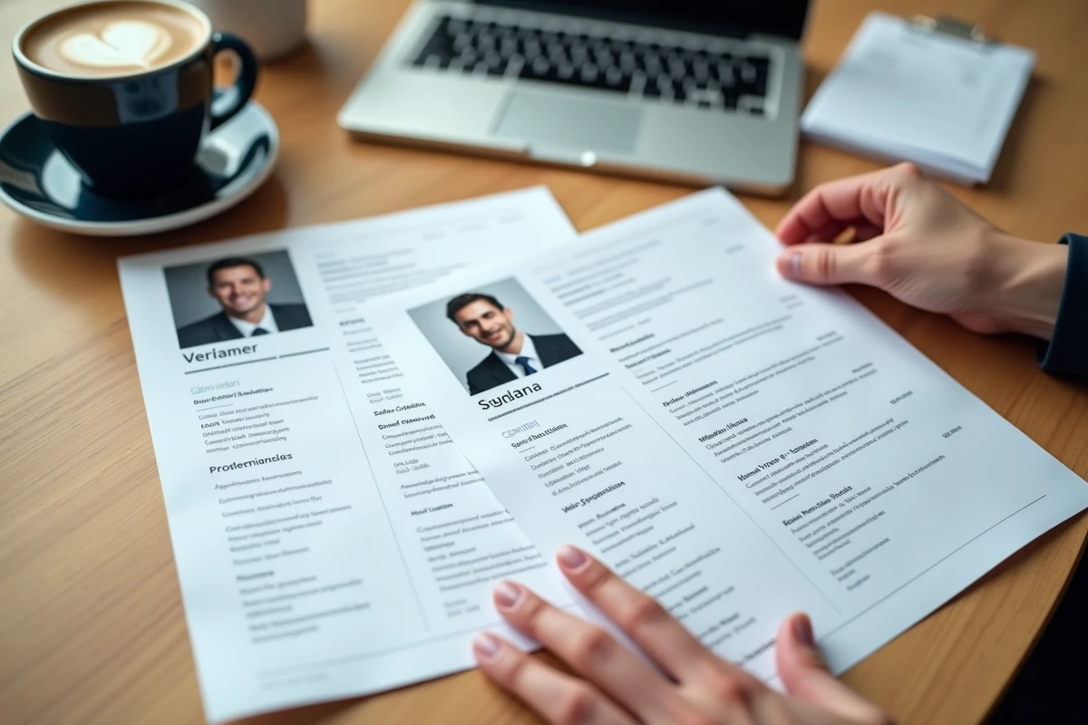 Comparaison entre selfie amateur et photo professionnelle sur un CV posé sur un bureau en bois