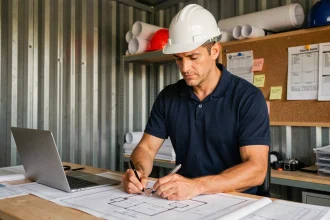 Conducteur de travaux consultant des plans de construction dans un bureau de chantier temporaire