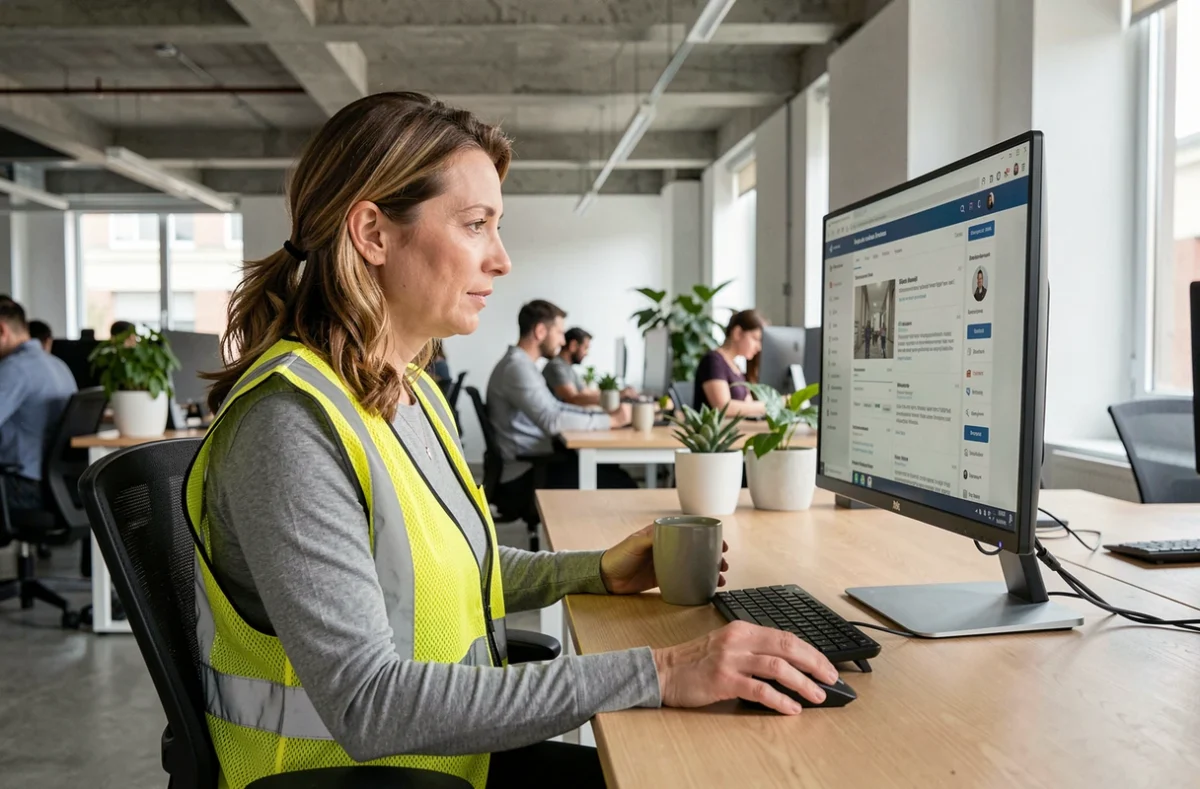 Conductrice de travaux utilisant une plateforme en ligne BTP depuis son bureau professionnel