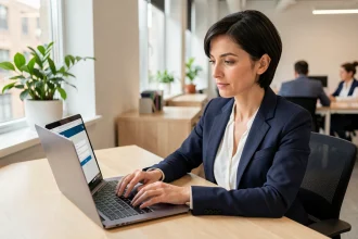 Femme connectée à l'intranet MFR sur un ordinateur portable dans un bureau professionnel sécurisé