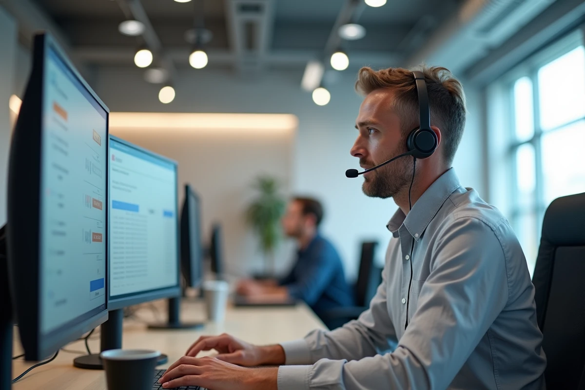 Conseiller logistique en centre d'appels gérant le suivi d'un avis de livraison depuis son poste informatique