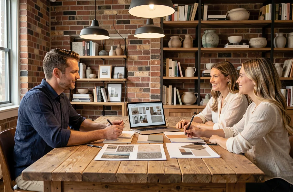 Consultant en décoration présentant un devis personnalisé à des clients autour d'une table de consultation