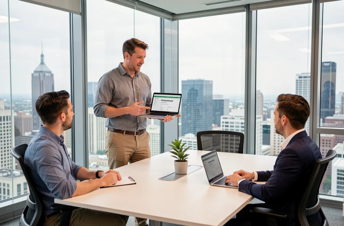 Consultant indépendant en portage salarial présentant un projet à des clients dans une salle de réunion