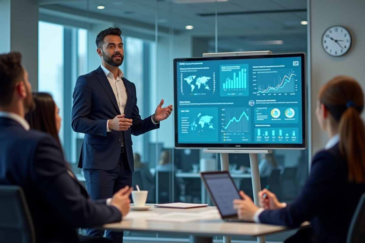 Consultant confiant présentant des analyses devant un grand écran interactif