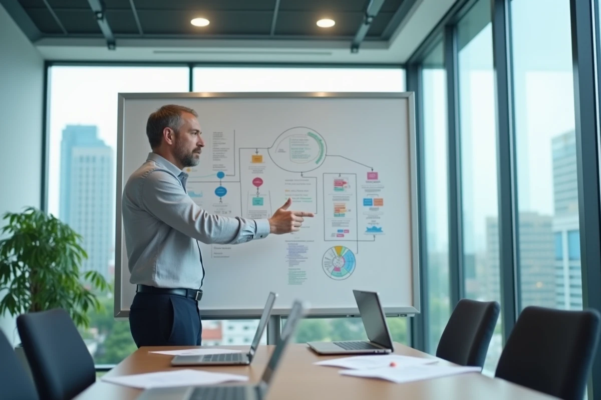 Consultant RH présentant un organigramme et des processus de gestion du personnel en salle de réunion