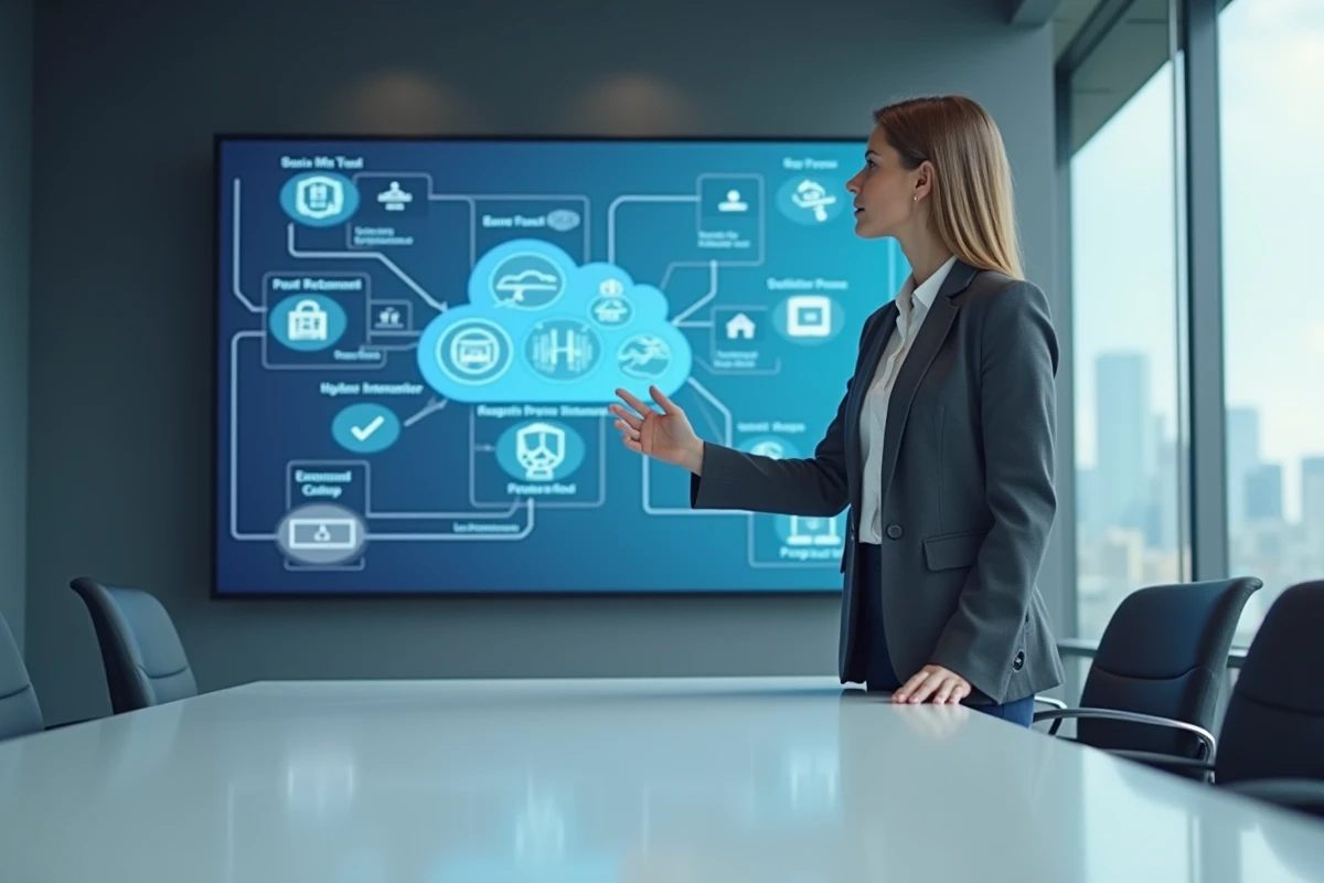 Consultante en transformation numérique présentant un plan de migration vers le cloud devant un écran interactif en salle de réunion