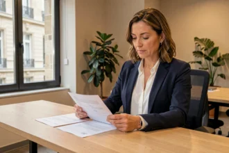 Consultante indépendante en portage salarial à Chartres examinant un contrat dans un espace de coworking moderne