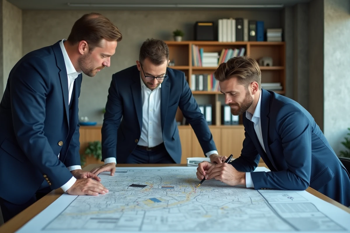 Trois consultants en réunion avec carte urbaine