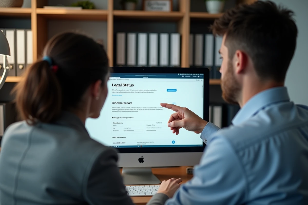 Deux collègues consultant les informations légales d'une entreprise sur Pappers pour valider un partenariat commercial