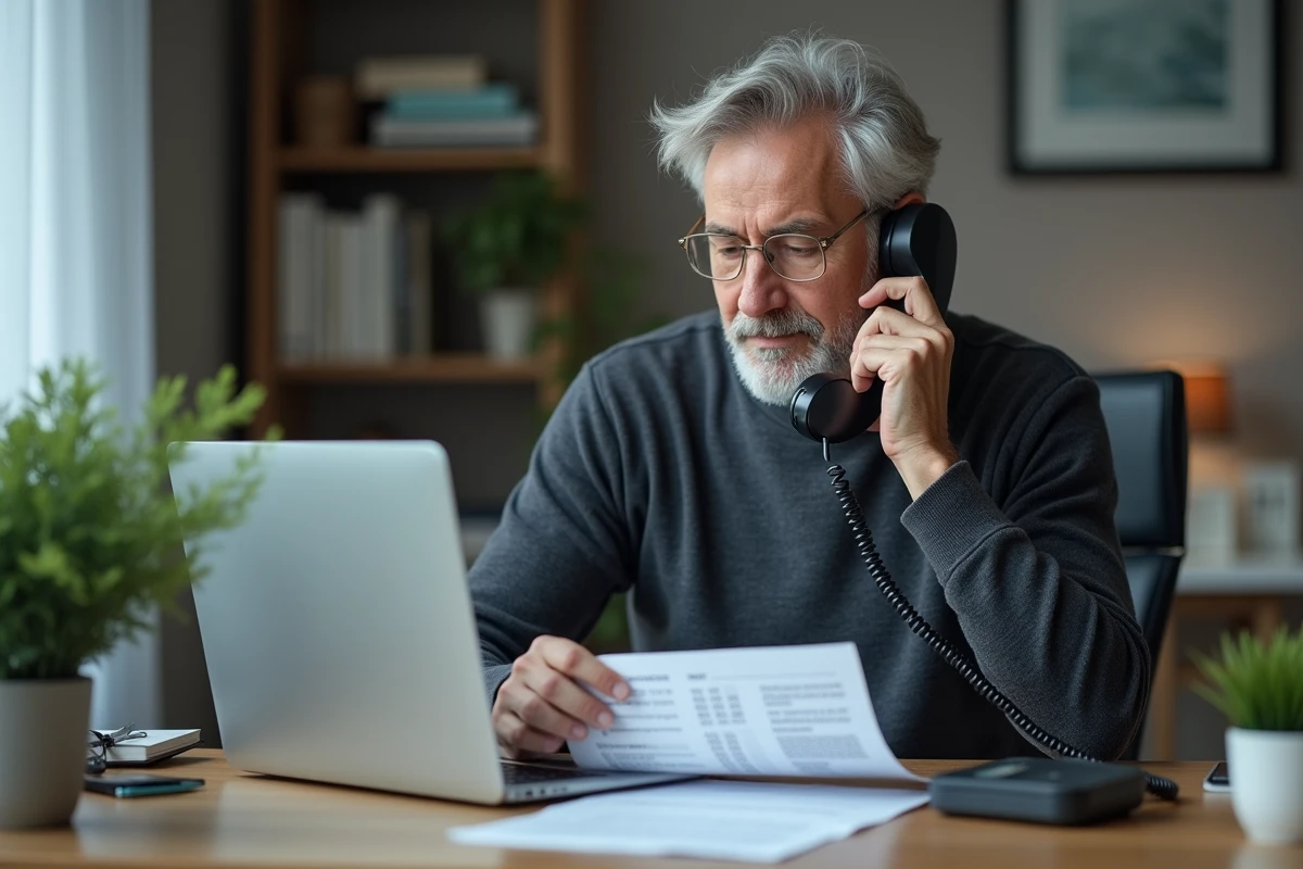 Homme consultant un document de numéros Orange tout en téléphonant depuis son bureau à domicile
