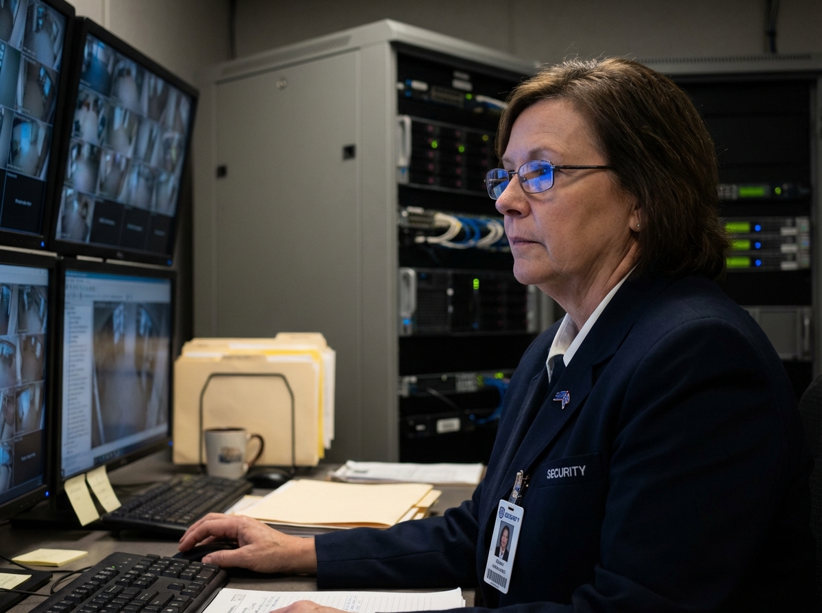 Femme de sécurité observant des écrans de CCTV dans une salle de contrôle