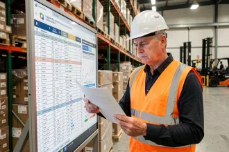 Coordinateur logistique examinant un tableau de planification des délais dans un hub industriel de distribution en France
