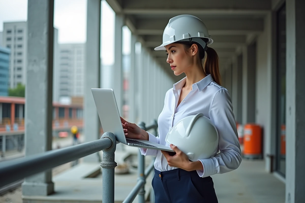 Coordinatrice de chantier debout sur un site de construction, gérant la planification des artisans via un outil numérique professionnel