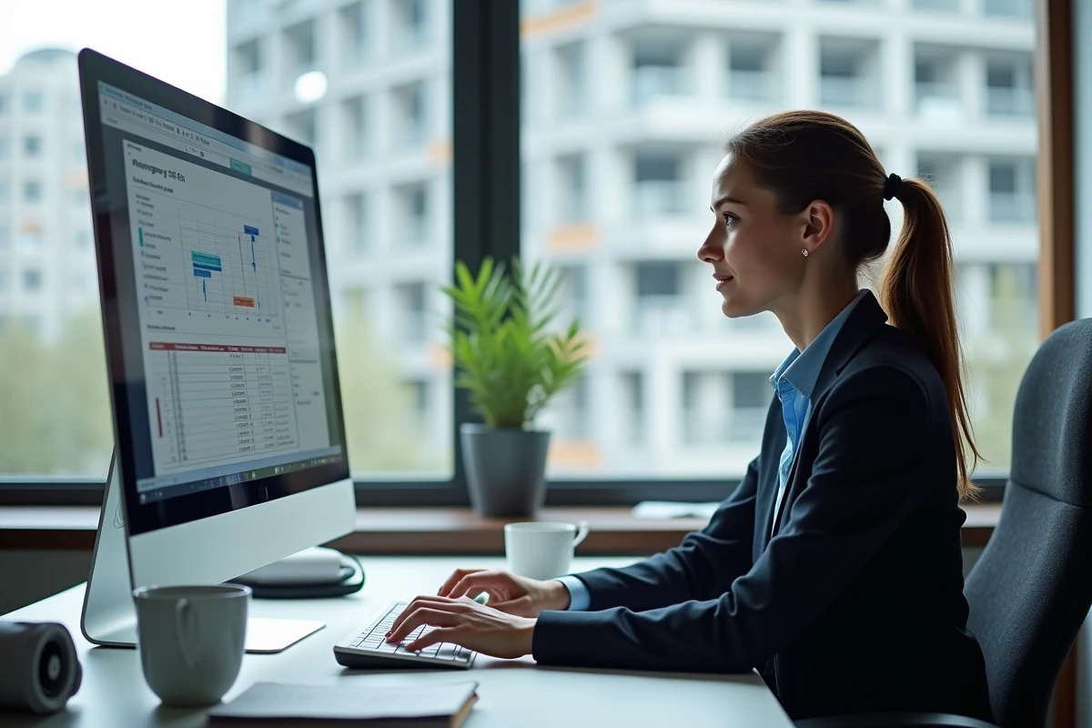 Coordinatrice de projet BTP travaillant sur un logiciel de gestion de chantier depuis son bureau professionnel