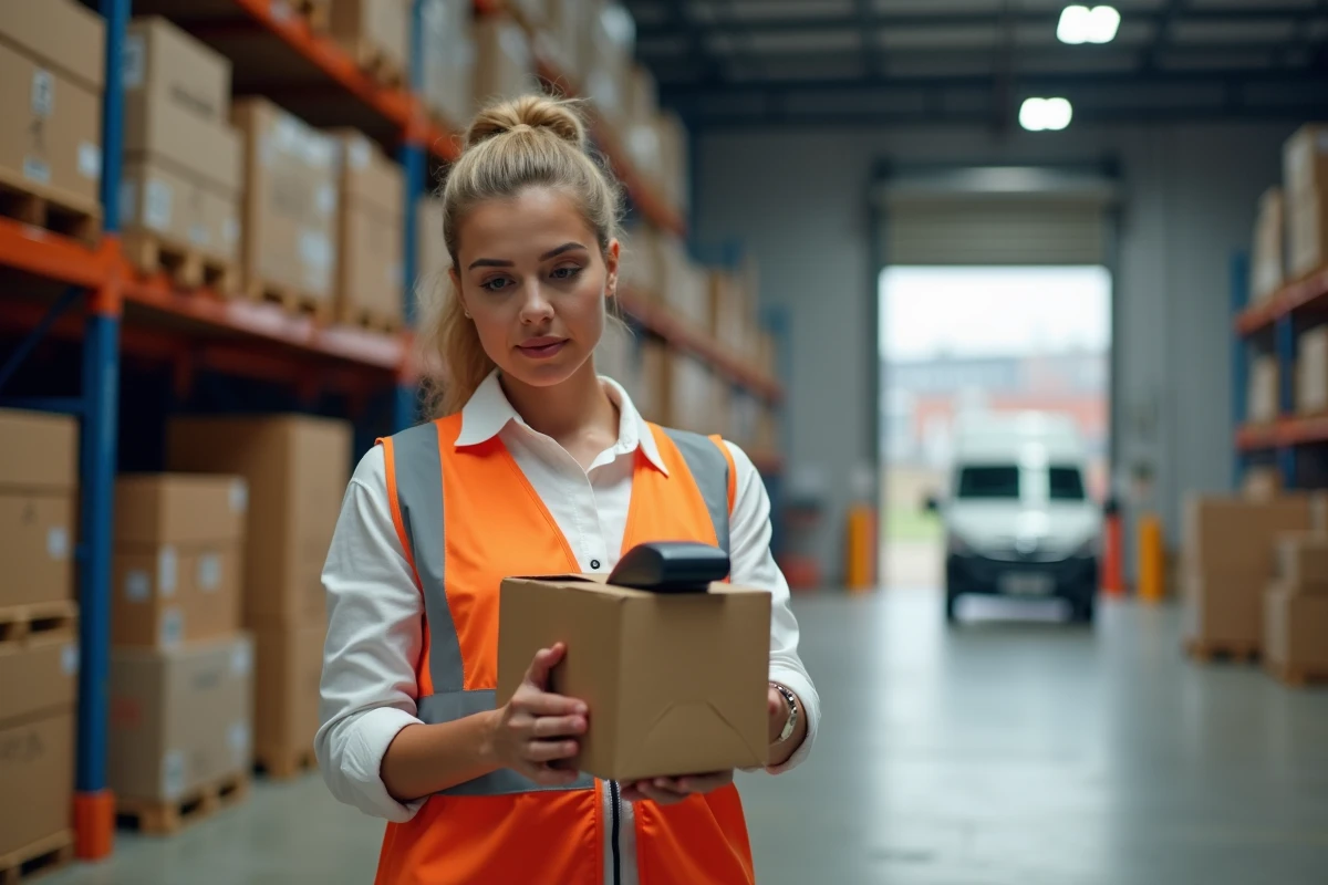 Coordinatrice logistique scannant un colis dans un entrepôt de livraison lors de la procédure d'avisage avant expédition
