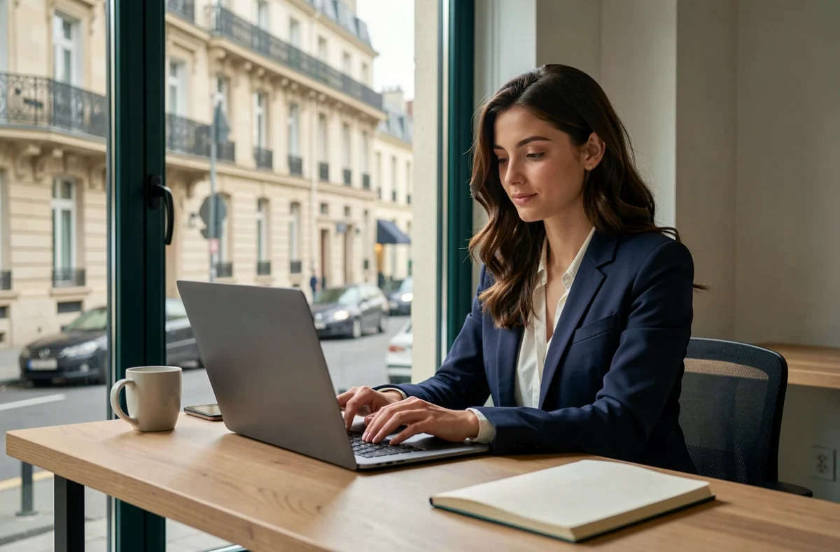 Femme travaillant seule dans un espace de coworking à Poissy avec vue sur la rue