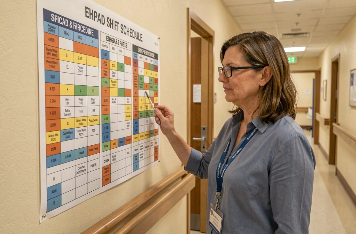 Une coordinatrice d'EHPAD examine le planning 12 h pour 8 agents sur 3 postes affiché dans le couloir de soins