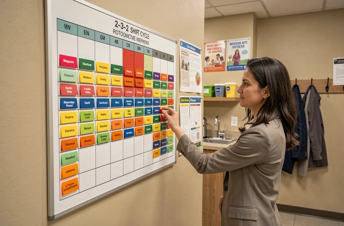 Une cheffe d'équipe repositionne les pastilles d'un planning cycle 2-3-2 avec week-end tournant sur 4 semaines dans une salle du personnel