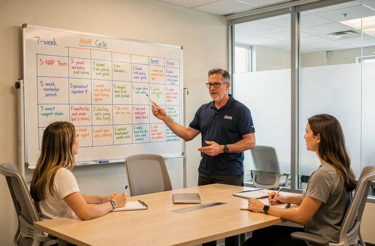Un superviseur explique le cycle ANAP de 7 semaines pour une équipe de 5 agents sur un tableau blanc en salle de réunion