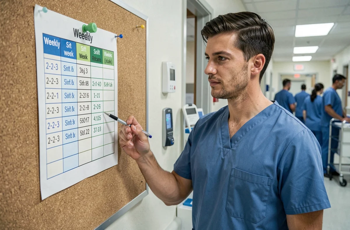 Un infirmier pointe un tableau de cycle 2-2-3 avec inversion toutes les deux semaines affiché dans un couloir d'hôpital