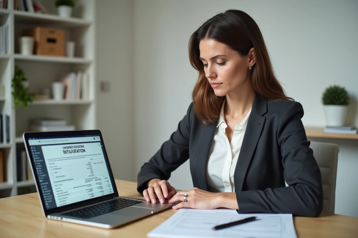 Femme d'affaires remplissant une déclaration en douane en ligne sur un portail DES depuis son bureau à domicile