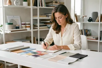 Décoratrice d'intérieur examinant des échantillons de tissus et palettes de couleurs pour un devis déco sur mesure