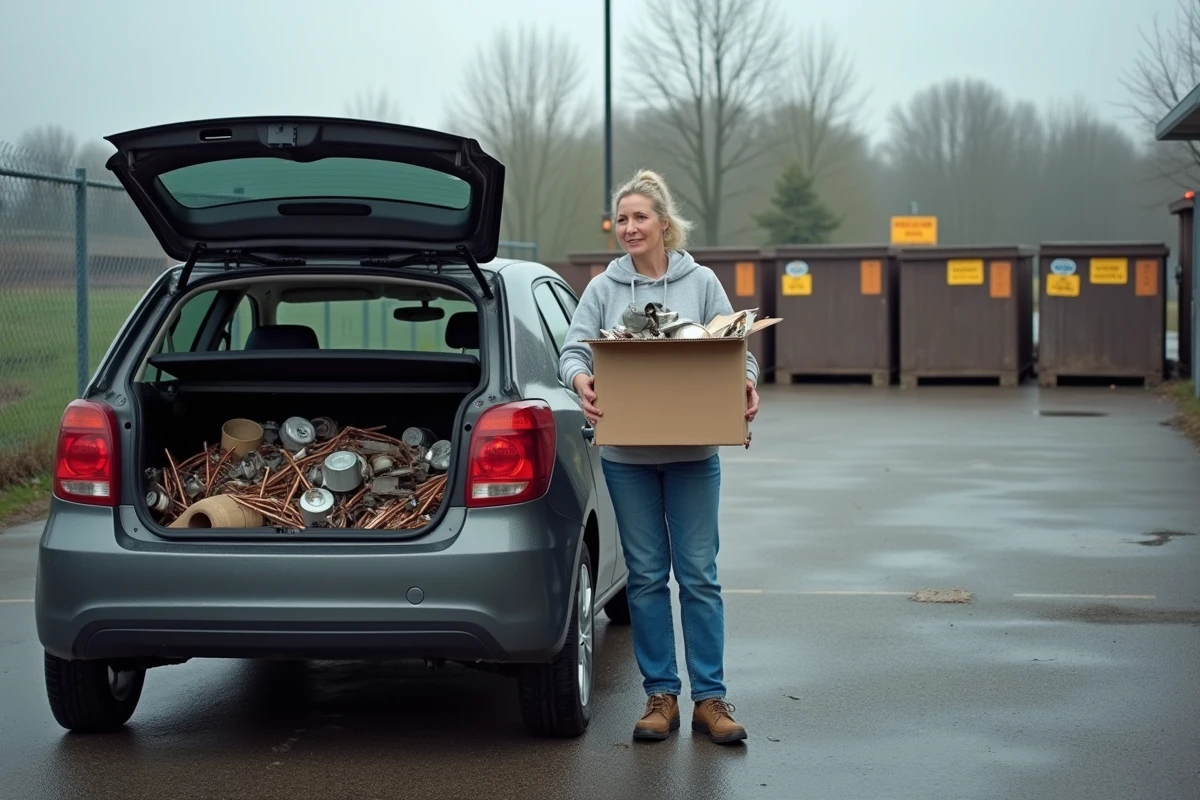 Femme d&eacute;posant des m&eacute;taux non ferreux &agrave; la d&eacute;chetterie pour valorisation et recyclage