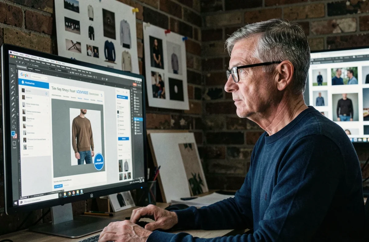Designer graphique intégrant une mention visuel non contractuel sur une fiche produit en cours de création dans un logiciel de mise en page