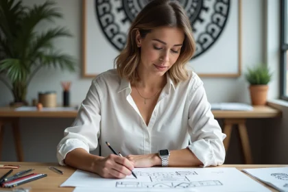 Femme styl&eacute;e analysant des esquisses de logo dans un studio