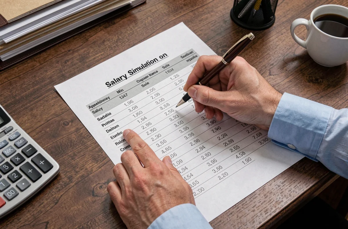 Détail d'une fiche de simulation de salaire net en portage salarial annotée à la main sur un bureau