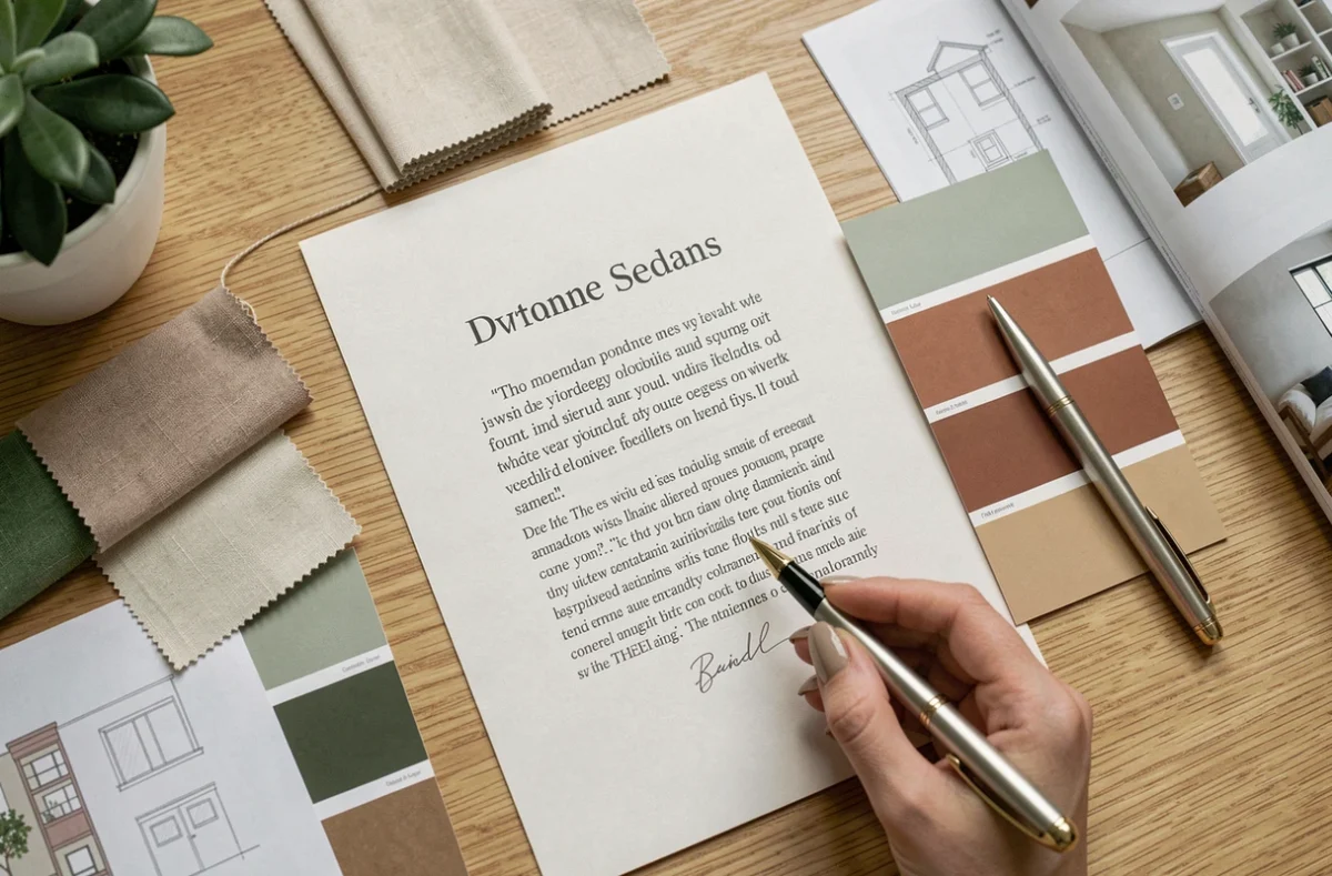 Vue aérienne d'un devis de décoration intérieure avec des échantillons de matières et une palette de couleurs sur un bureau en chêne