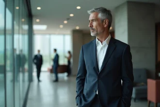 Dirigeant d'entreprise en costume marine debout près d'une fenêtre de bureau, regard pensif évoquant un départ sous tension