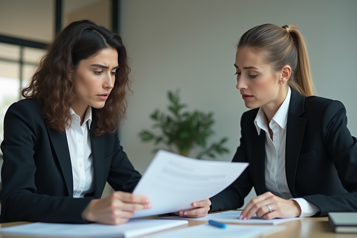 Deux professionnels discutant de documents en entreprise