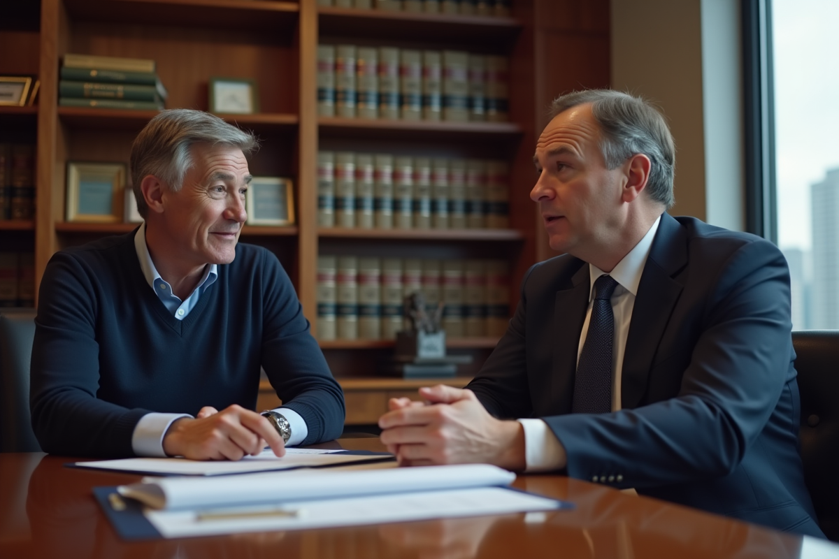 Homme et avocat discutant d un document dans un cabinet juridique