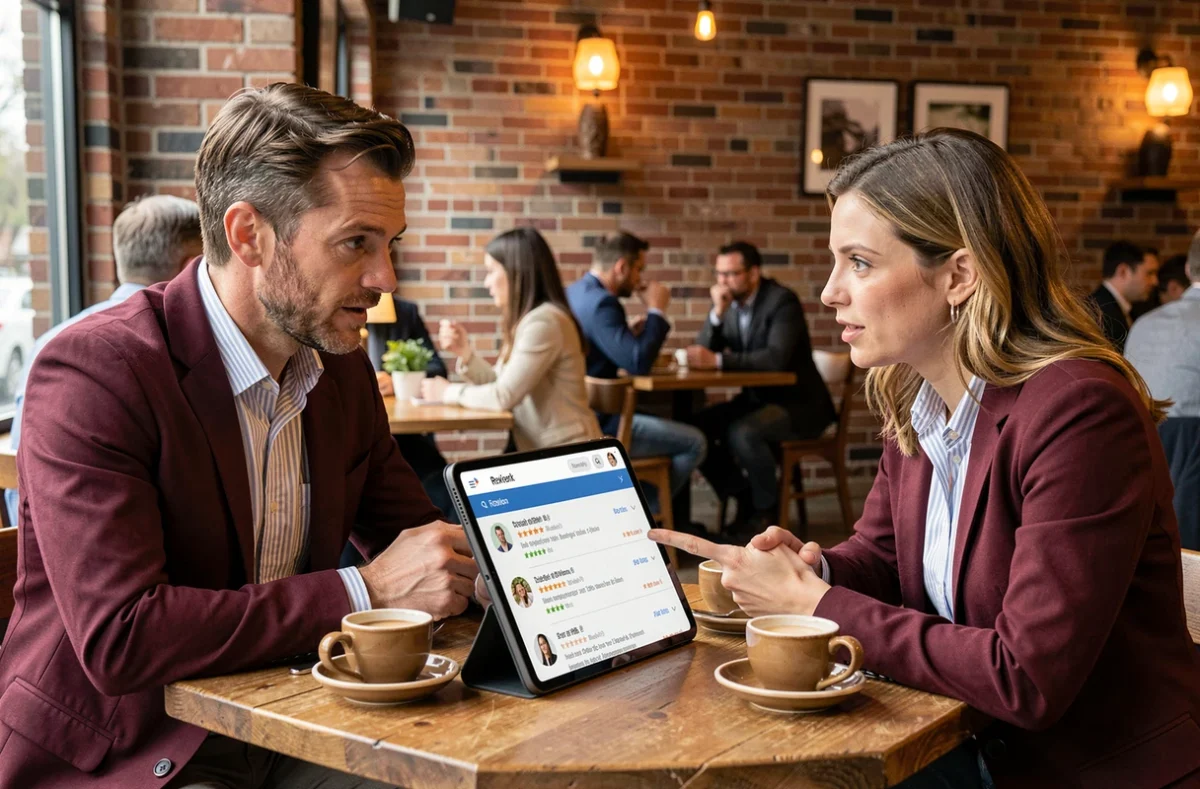 Deux collègues discutant de la fiabilité d'avis consommateurs sur une tablette dans un café