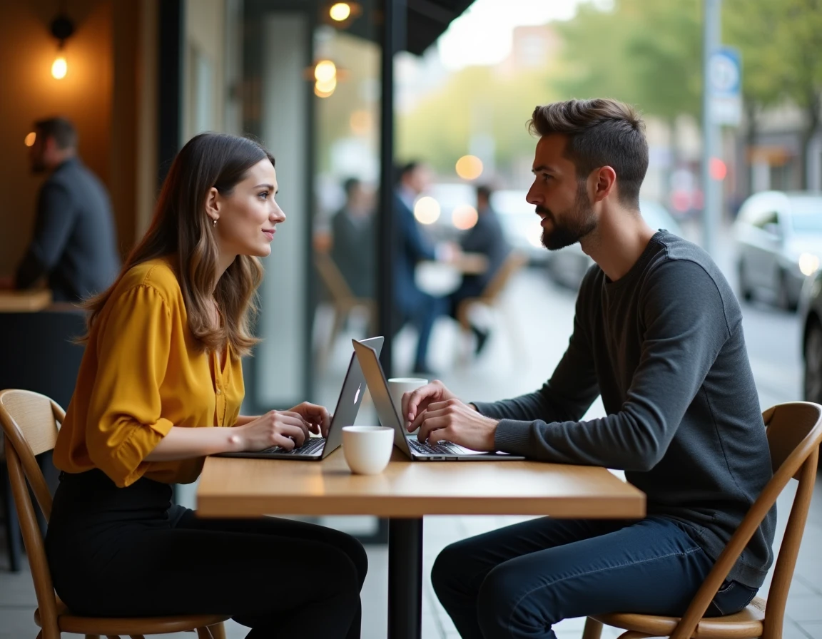 Deux personnes discutant d'opportunités de reconversion professionnelle autour d'un café après une rupture de contrat
