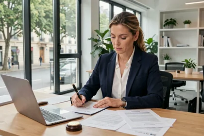 Femme d'affaires signant des documents de domiciliation d'entreprise dans un bureau moderne à Neuilly-sur-Seine