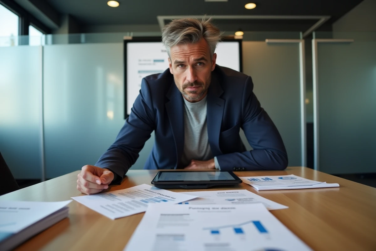 Professionnel effectuant une vérification de client avec documents imprimés et base de données entreprises sur tablette