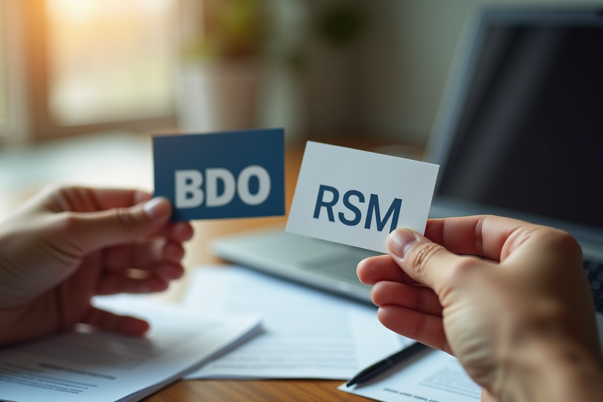 Mains tenant des cartes de visite BDO et RSM sur un bureau