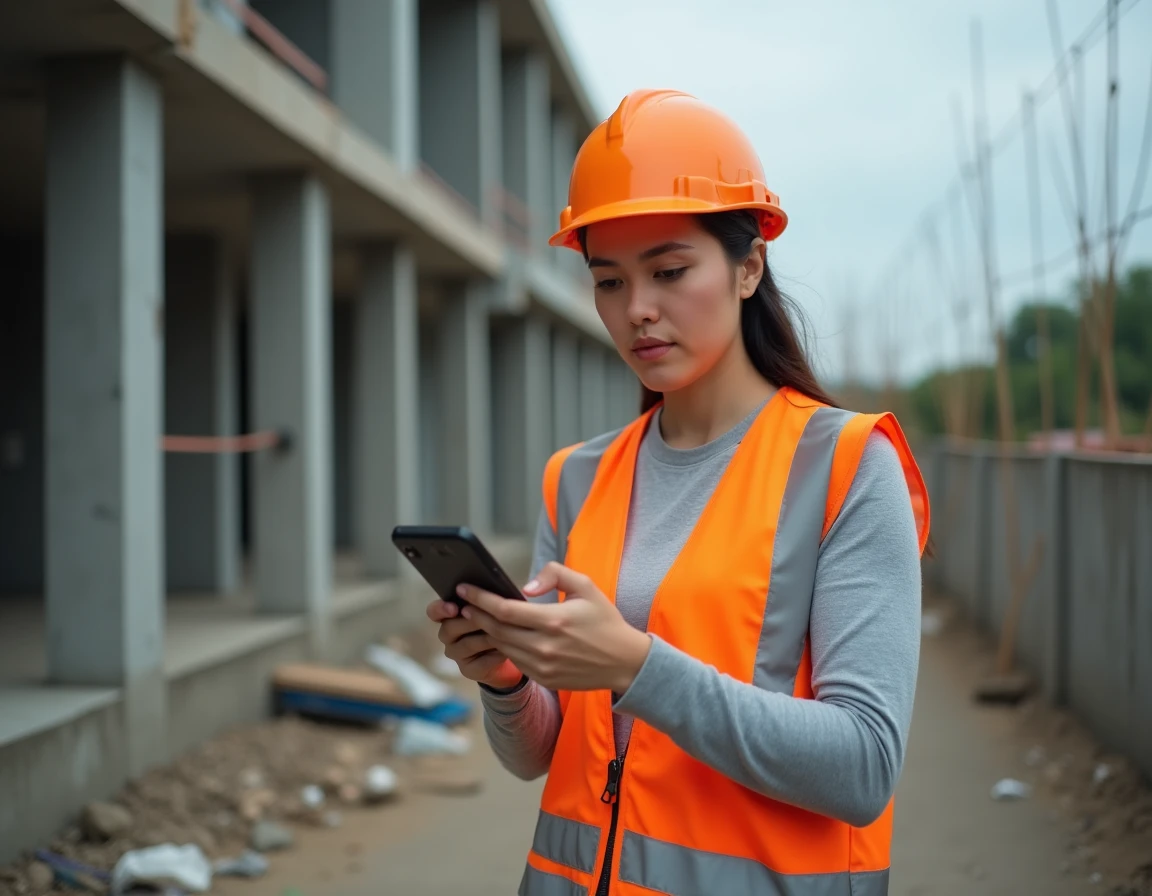 Électricienne professionnelle consultant son espace de connexion artisan sur smartphone sur un chantier résidentiel