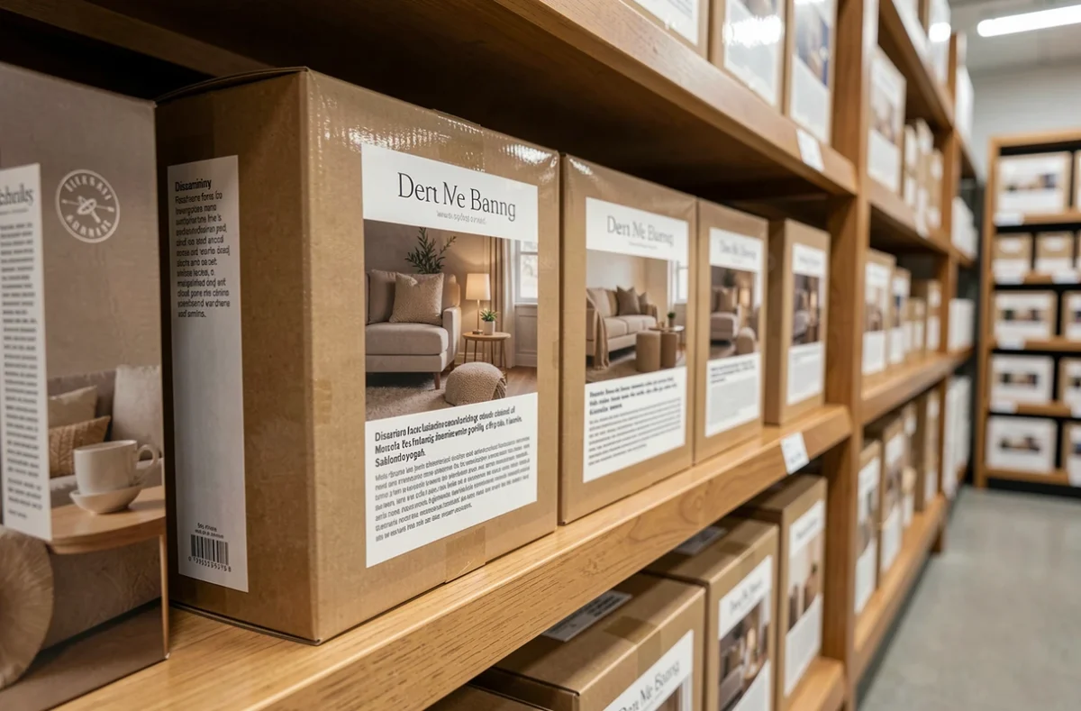 Rayonnage de magasin avec emballages produits affichant des mentions légales et avertissements visuels non contractuels en petits caractères