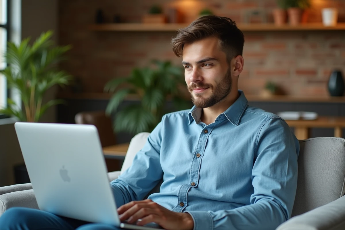 Employé accédant à un portail RH en libre-service sur son ordinateur portable dans un espace de travail moderne