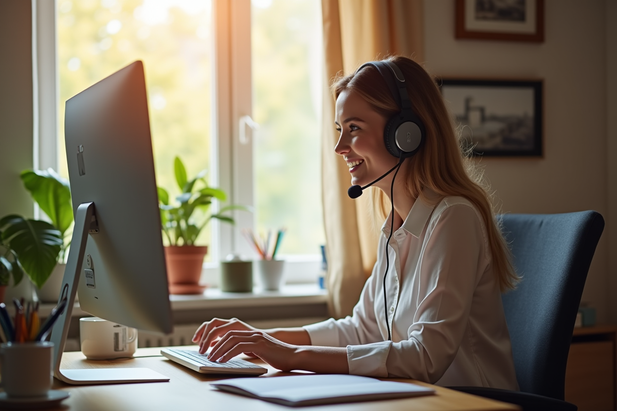 Employe en télétravail souriant avec casque dans un espace de travail à domicile
