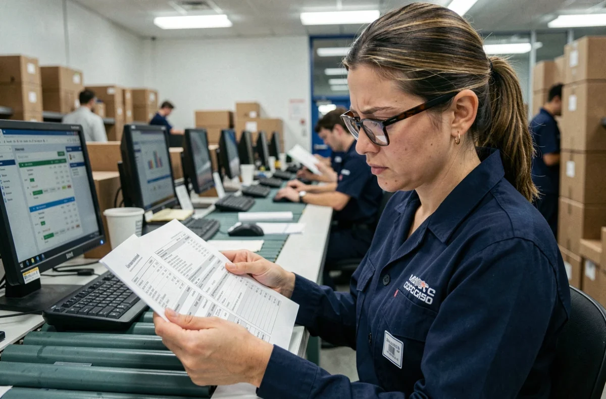 Employée logistique comparant des rapports de suivi de colis dans un centre de tri de la région d'Harnes