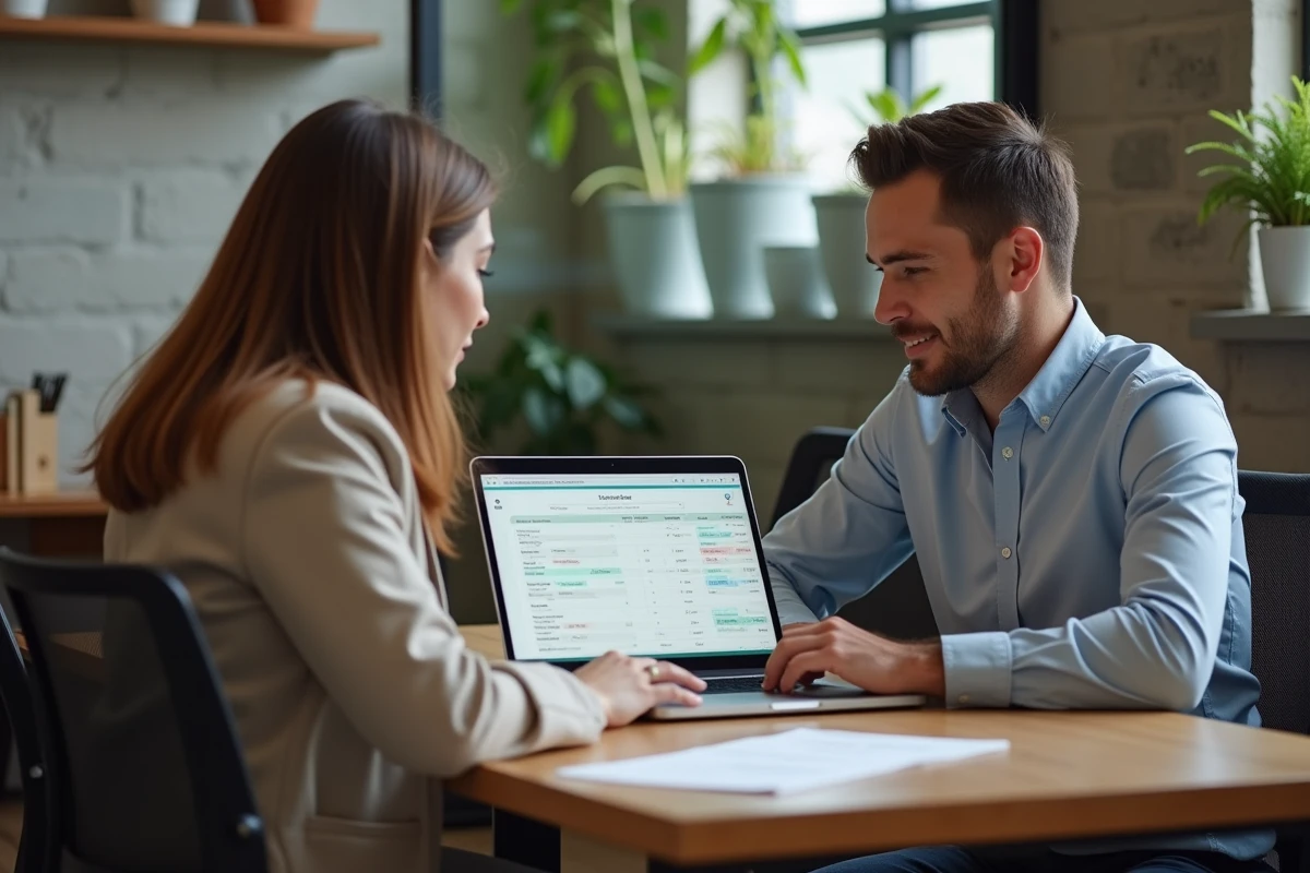 Deux employés d'une petite entreprise consultant le planning annuel de travail à 35 heures