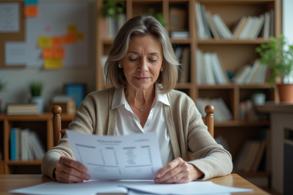 Enseignante dans un bureau cosy vérifiant une fiche de paie